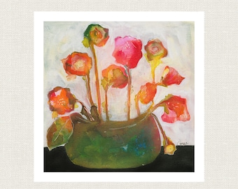 Stampa su carta artistica da parete ASTRATTA MODERNA ROSA e fiori arancioni, fiori rosa con vaso verde, stampa moderna su carta colorata