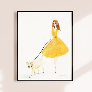 CUSTOMIZABLE LABRADOR RETRIEVER Art Print, Yellow Lab Walking, Customize with your dog and/or change the hair color for the woman