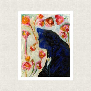 ART PRINT BLACK Cat Abstract with flowers  and heart on chest