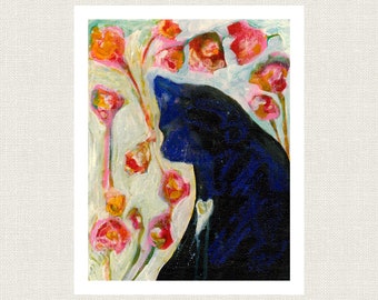 ART PRINT BLACK Cat Abstract with flowers  and heart on chest