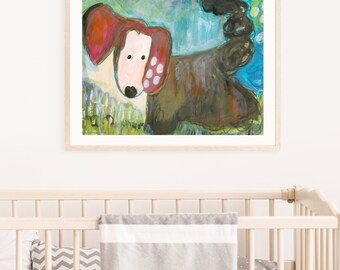 DOG ART CUTE Whimsical Print, Nursery or kids room contemporary abstract colorful print of my original painting, puppy home decor