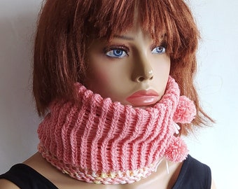 Knit neck warmer, wool loop scarf, pink handmade neck warmer, pure virgin wool, winter women's accessories, pom pom, scarves, gift for her
