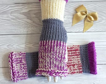 Guantes morados multicolor sin dedos, guantes de lana, guantes de mujer, guantes largos hechos a mano, calentadores de muñeca, guantes de medio dedo, calentadores de piernas