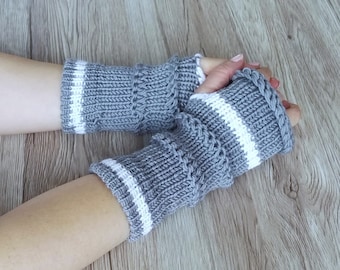 Grijze wollen handschoenen, handgemaakte vingerloze handschoenen, grijs-witte handschoenen, 100% pure wollen handschoenen, dameshandschoenen, armwarmers, handgemaakt