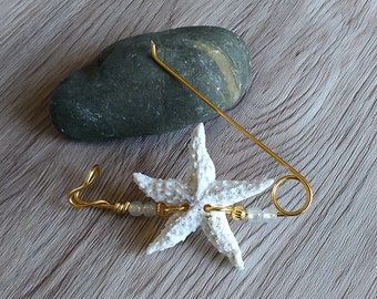 Starfish pin, scarf pin, copper brooch pin, Resin jewelry, white Shawl pin, sweater pin, white Starfish, handmade brooches, handmade jewelry