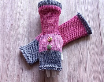 Fuchsia and grey Knit fingerless gloves, long gloves, Arm Warmers, wrist warmers, wool gloves, hand warmer, half finger gloves, for women