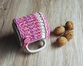 Pink cup cozy, Mug cozy, coffee cozy, mug sweater, pink and white, gift ideas, household items, kitchen accessories, birthday gift for her