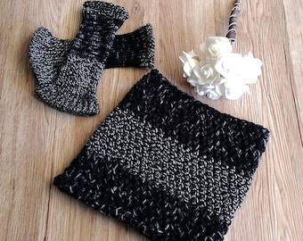 Neck warmer and gloves, Black and White, Fingerless Gloves, handmade gift ideas, Black gloves, black neck warmer, gift idea for women