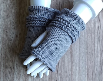 Guantes sin dedos hechos a mano, guantes grises, guantes de lana 100% pura, guantes cortos de lana merino, mangas, calentadores de muñeca, guantes para mujer