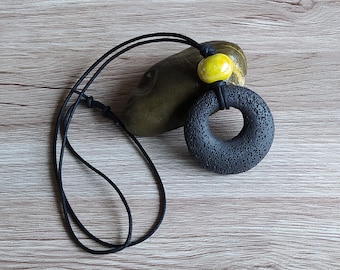 Lava stone necklace sliding knot necklace handmade neklace black necklace for women spring adjustable necklace yellow ceramic bead