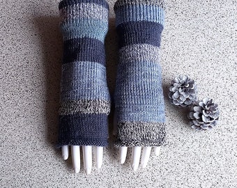 Knit fingerless gloves, unisex long gloves, blue mix Arm Warmers, men's gloves, handmade gloves, wool gloves, half finger gloves