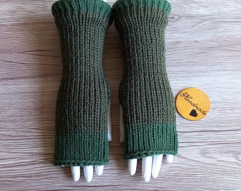 Military green knit fingerless gloves, unisex long gloves, Arm Warmers, men's gloves, handmade gloves, wool gloves, half finger gloves