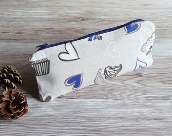 Etui met ritssluiting met hartjes en cupcakes, Valentijnsdagcadeaus, opbergtas, potloodhouder, make-uphouder, pennenhouder, stoffen etui