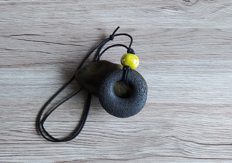 Lava stone necklace sliding knot necklace handmade neklace black necklace for women spring adjustable necklace yellow ceramic bead