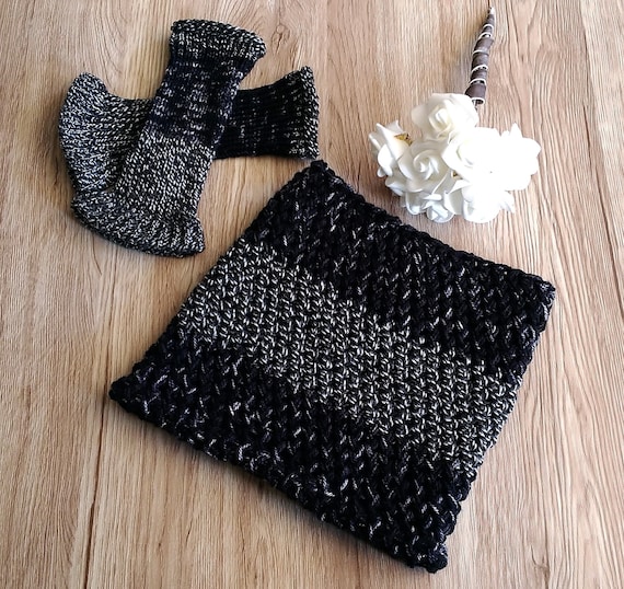 Guanti e sciarpa donna, scaldacollo, guanti senza dita, accessori fatti a mano, guanti bianchi e neri, scaldacollo bianco e nero, per lei