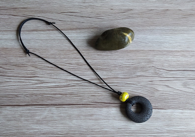 Lava stone necklace sliding knot necklace handmade neklace black necklace for women spring adjustable necklace yellow ceramic bead