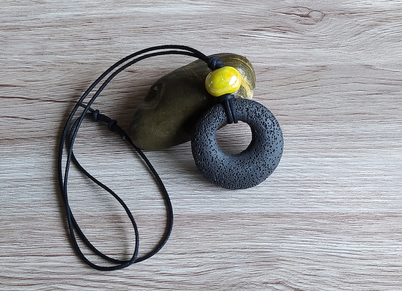 Lava stone necklace sliding knot necklace handmade neklace black necklace for women spring adjustable necklace yellow ceramic bead