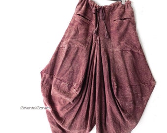 Stone Washed Unusual Sarueru Pants Brown Cotton100/% Boho Peasant Asian Unisex