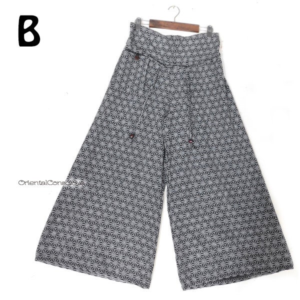 Unisex】Waist Strap / Pocket Japanese Hemp Pattern Wide Pants B Cotton100% Boho Peasant Ethnic