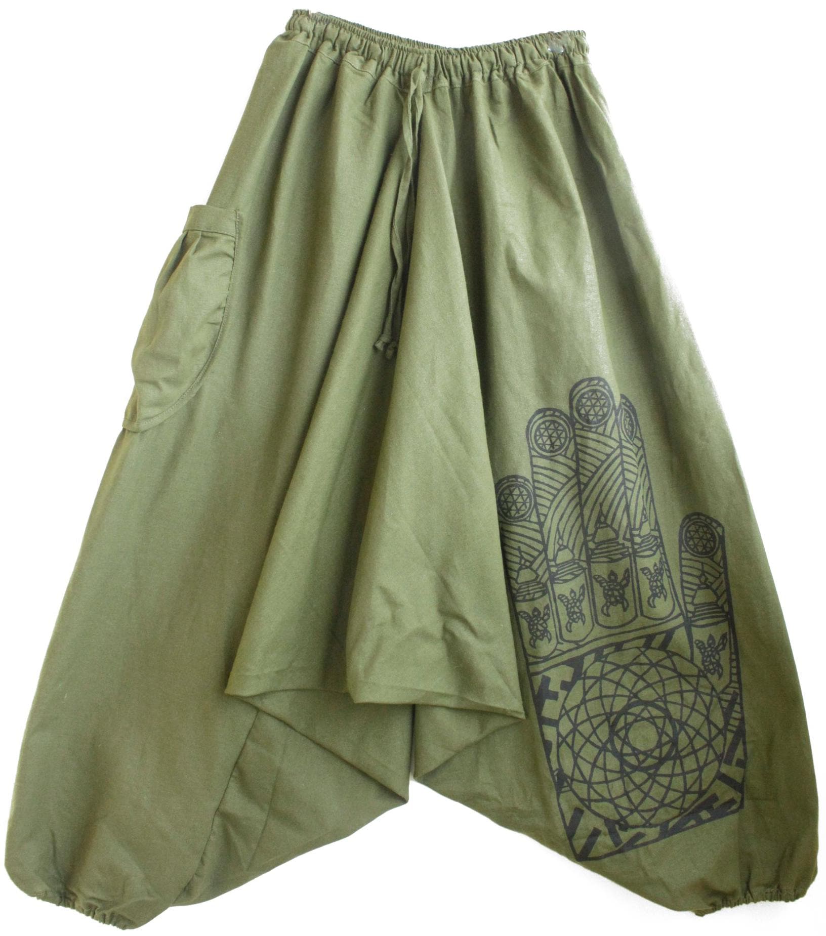 Unisex】Hand of Fatima Width 180 cm Loose Sarouel Aladdin Pants A Green Cotton100% Oriental Boho Peasant Asian
