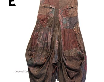 One-of-a-kind  Washed Patchwork 3D Drape Balloon Flared skirt E / Earthy Brown Boho Hippie Hippy Natural Peasant India