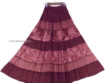 Ethnic Pattern Tiered Flare Skirt Purple Rayon Boho Asian Hippie Hippy Peasant