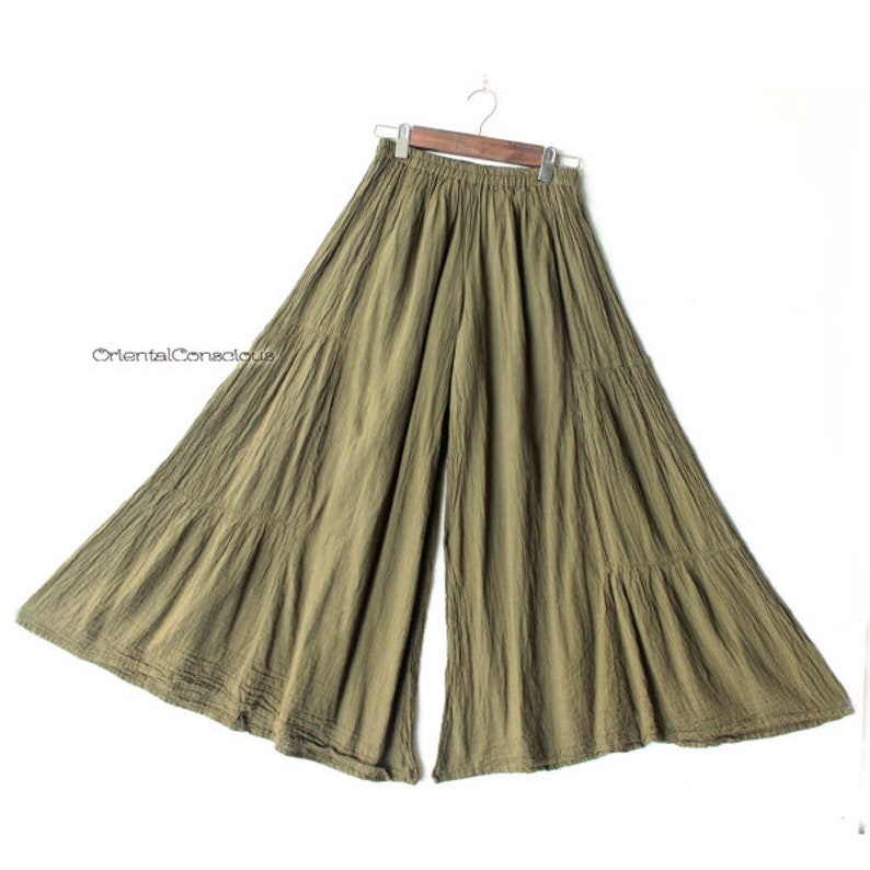 Wrinkle Cotton Wide Frea Pants Khaki Cotton100/% Boho Peasant Asian Natural