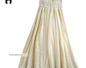 Lace & Cotton Vertical Switching Flare Skirt A / Cream Off-White Boho Peasant Hippie Hippy Natural