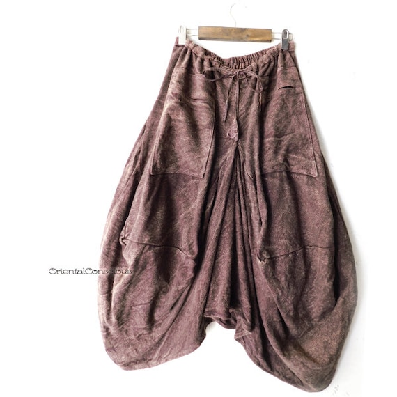 Stone Washed Unusual Sarueru Pants Brown Cotton100/% Boho Peasant Asian Unisex