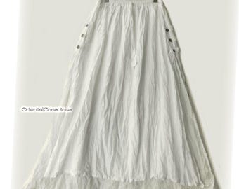 Wrinkles Cotton Side Open Layered Flare Skirt Cream White Natural Cotton Boho Peasant Hippie Asian