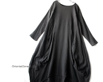 Square Pattern & Gauze Cotton Curve Switching Long Length Cocoon Dress Black Natural Goth Boho Asian Peasant