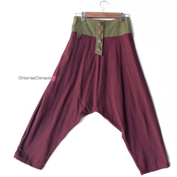 Stone Washed Unusual Sarueru Pants Brown Cotton100/% Boho Peasant Asian Unisex