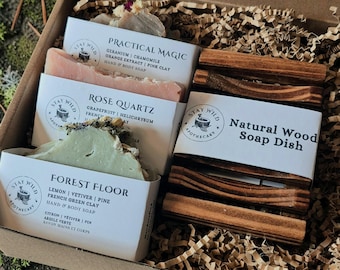 Coffret cadeau savon | Savon artisanal naturel | 3 demi-barres | Porte-savon en bois | Fait main au Canada | Anniversaire | Anniversaire | Fête des pères
