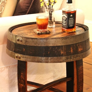 Short whiskey barrel storage accent table clearance