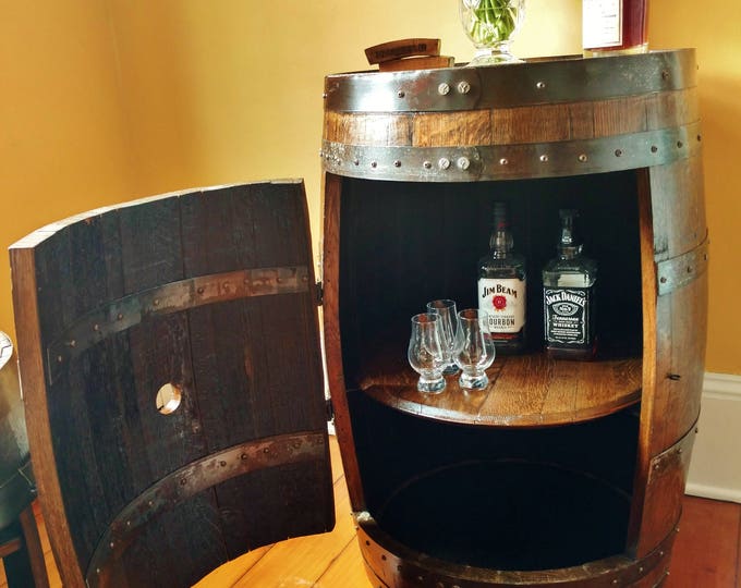 Whiskey Barrel Liquor Cabinet ~ Handcrafted From A Reclaimed Whiskey Barrel With Door