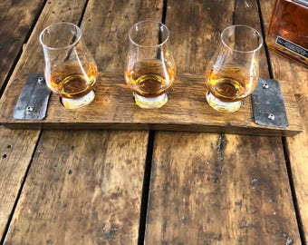 Whiskey Flight Tray With Glencairn Whiskey Glasses - Made From Reclaimed Whiskey Barrel Stave