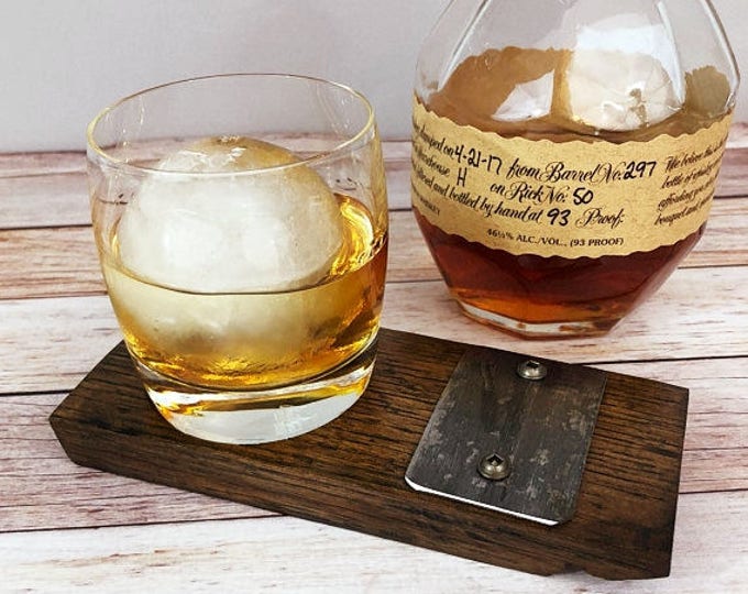 Rocks Glass With Handcrafted Coaster Made From Reclaimed Whiskey Barrel