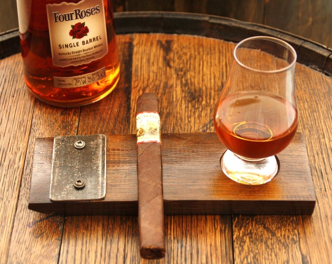 Handcrafted Whiskey Barrel Cigar and Glencarin Glass Holder / Tray