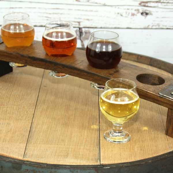 Beer Flight Tray Made From Reclaimed Whiskey Barrel Stave ~ 4 Belgian Tasting Glass Included