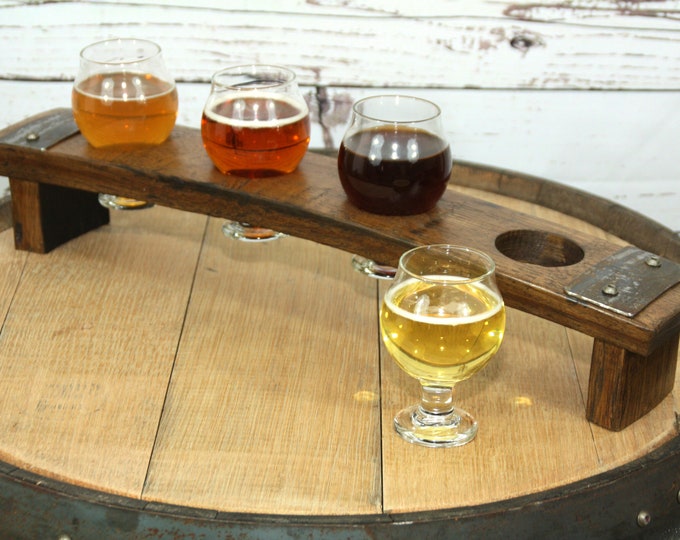 Beer Flight Tray Made From Reclaimed Whiskey Barrel Stave ~ 4 Belgian Tasting Glass Included