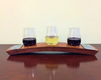 Wine Flight Tray Made From Reclaimed Wine Barrel Stave - Includes 3 - 9 Ounce Stemless Glasses