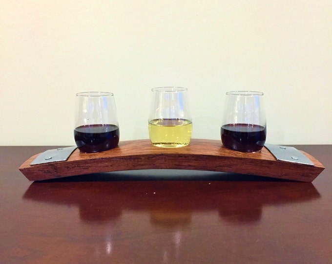 Wine Flight Tray Made From Reclaimed Wine Barrel Stave - Includes 3 - 9 Ounce Stemless Glasses