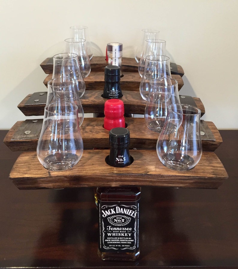 Whiskey Bourbon Barrel Stave Bottle Caddy With Glencairn Glasses image 3