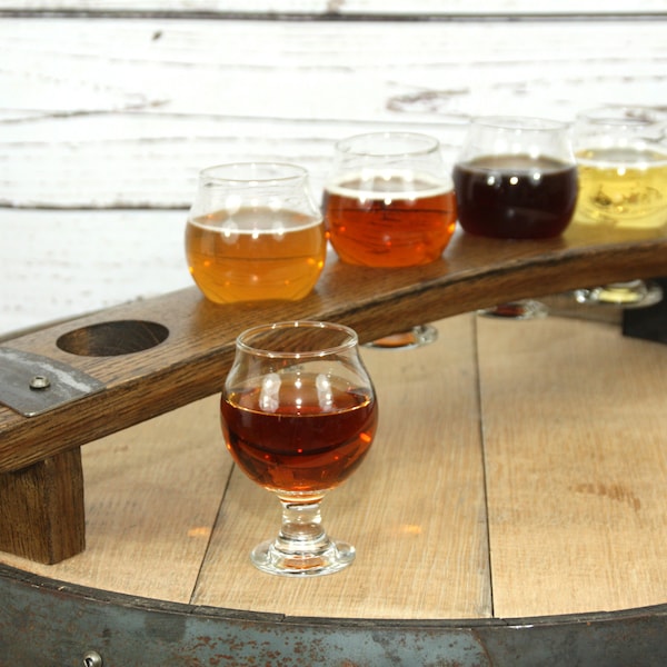 Beer Flight Tray Made From Reclaimed Whiskey Barrel Stave ~ 5 Belgian Tasting Glasses included