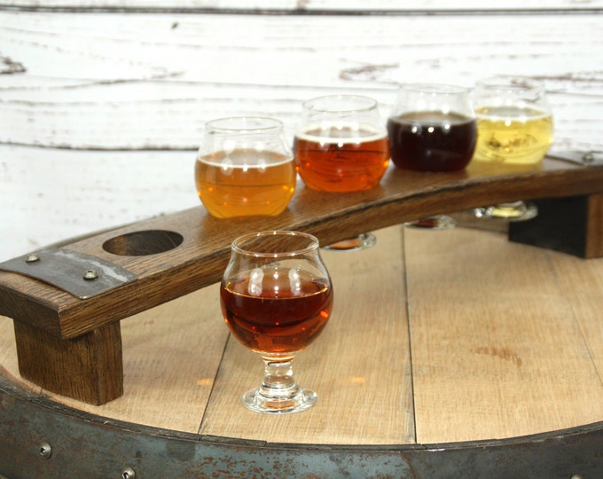 Beer Flight Tray Made From Reclaimed Whiskey Barrel Stave ~ 5 Belgian Tasting Glasses included