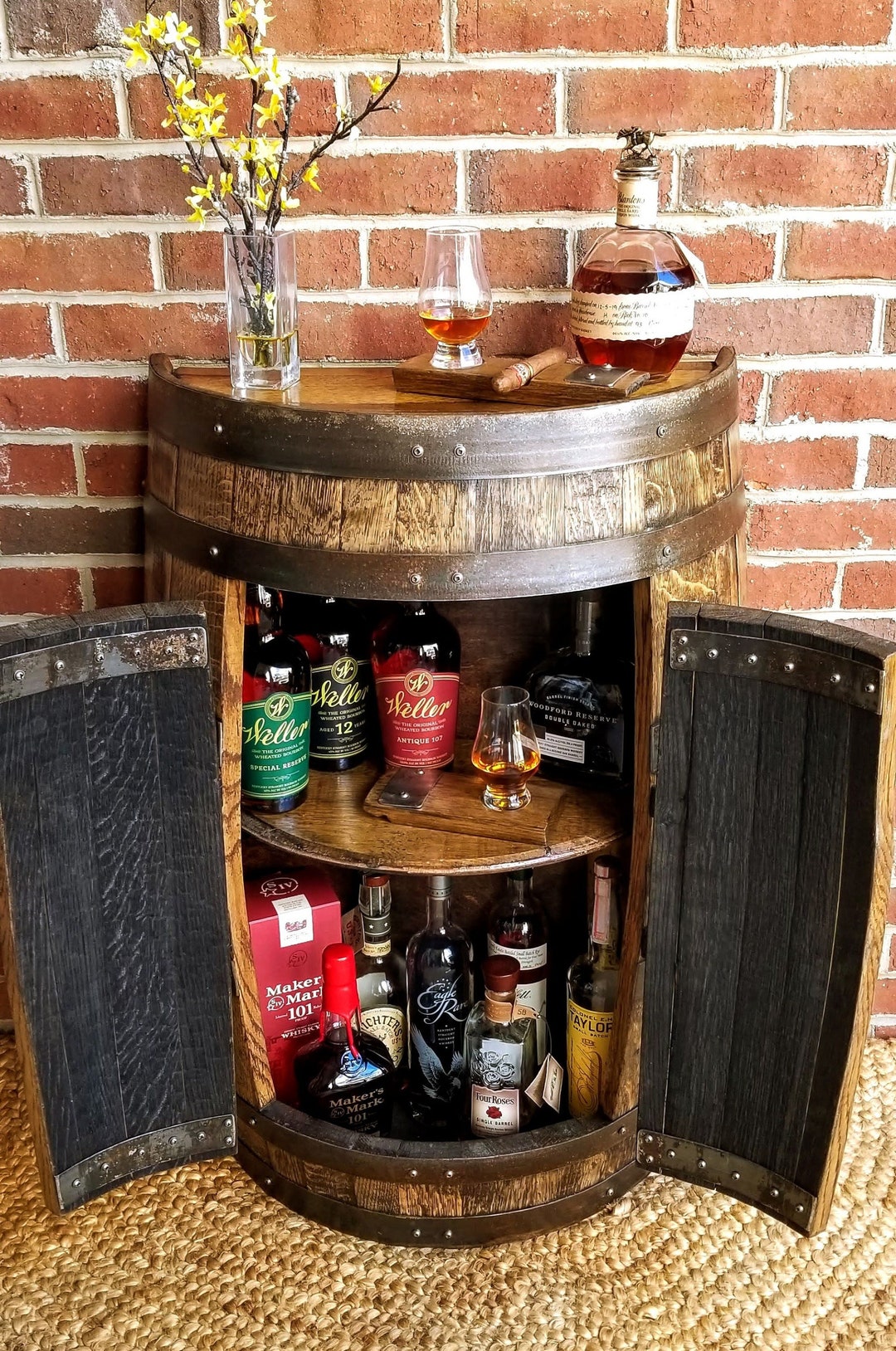 Half Whiskey Bourbon Barrel Cabinet Handcrafted From A Reclaimed Whiskey Barrel With Doors Etsy