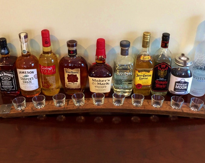Shot Glass Flight Tray Made From Reclaimed Whiskey Bourbon Barrel Staves - With 10 Shot Glasses
