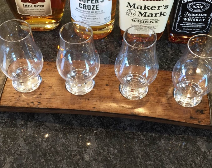 Whiskey Flight Tray For Four Glencairn Whiskey Glasses - Made From A Reclaimed Bourbon / Whiskey Barrel Stave