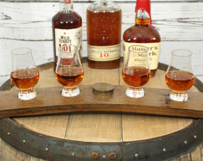 Bung Stave Whiskey Flight Tray For Four Glencairn Whiskey Glasses - Made From A Reclaimed Bourbon / Whiskey Barrel Stave