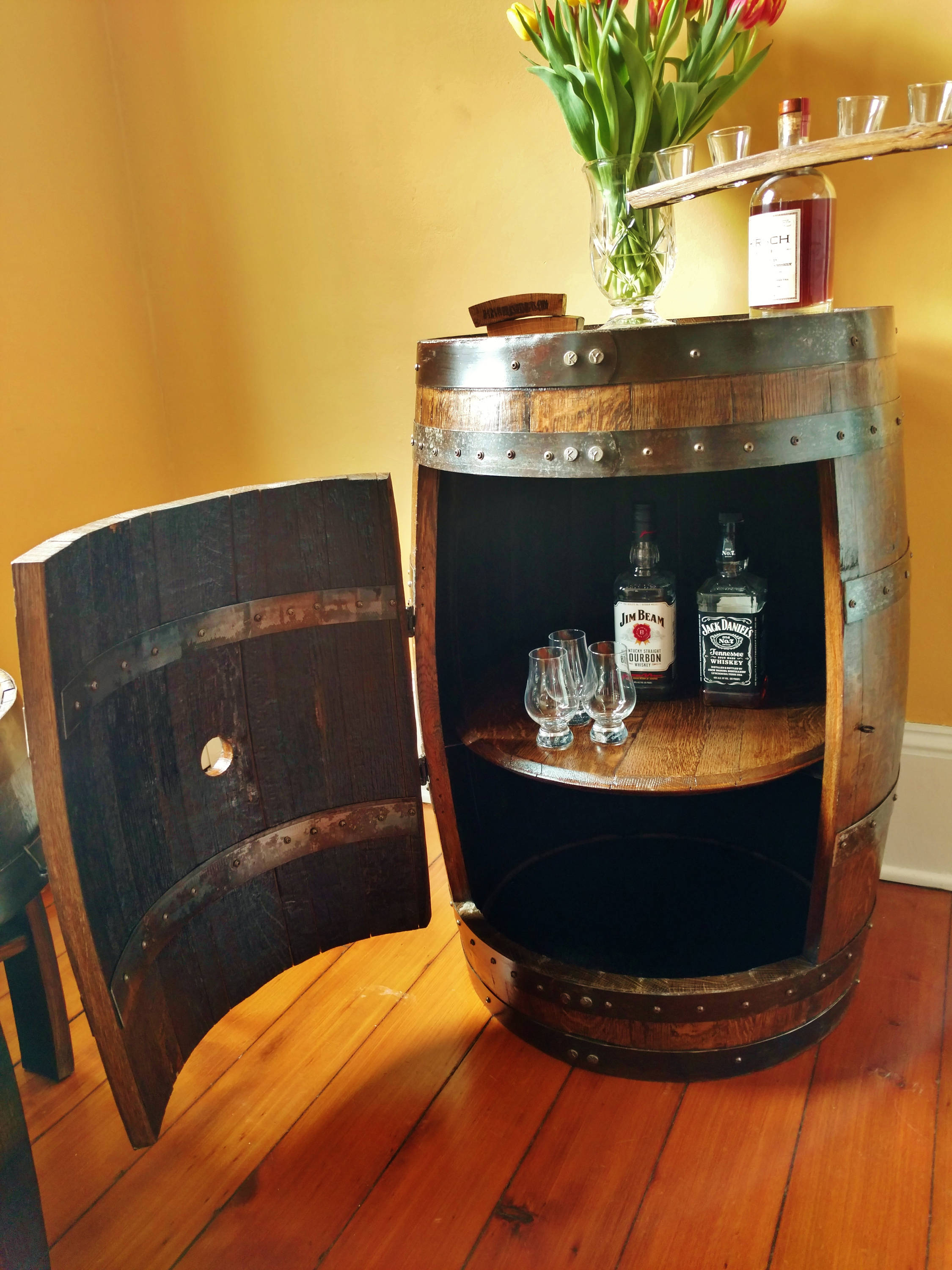 Whiskey Barrel Liquor Cabinet Handcrafted From A Reclaimed